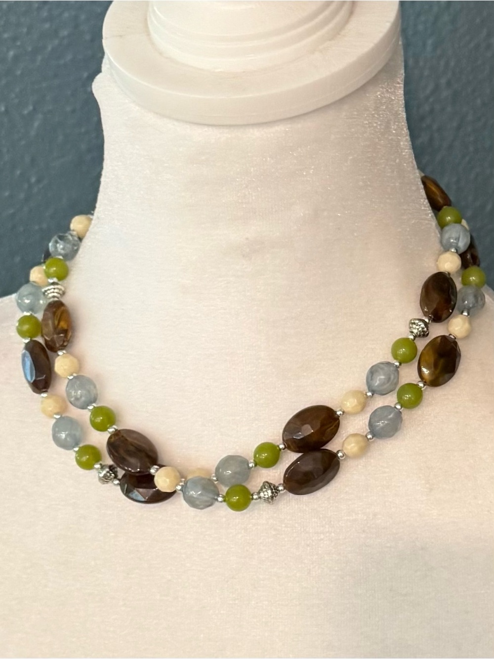 Multi-Strand Green, Brown & Gray Beaded Women's Statement Necklace